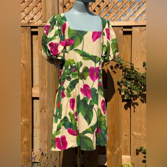 🆕 FARM Rio 🧿 NWOT Anthurium Leaves Linen Square Neck Mini Dress, Sand - Sz XL - Picture 3 of 16